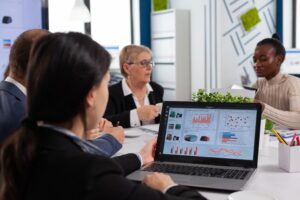 Business meeting discussing metrics